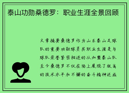 泰山功勋桑德罗：职业生涯全景回顾